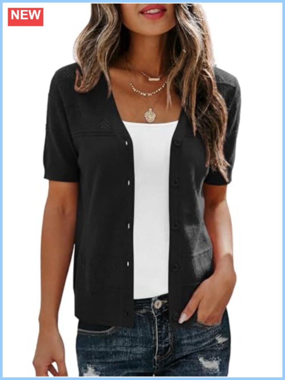 Lightweight Short Sleeve Cardigan Button Front Crochet Knit Summer Layer
